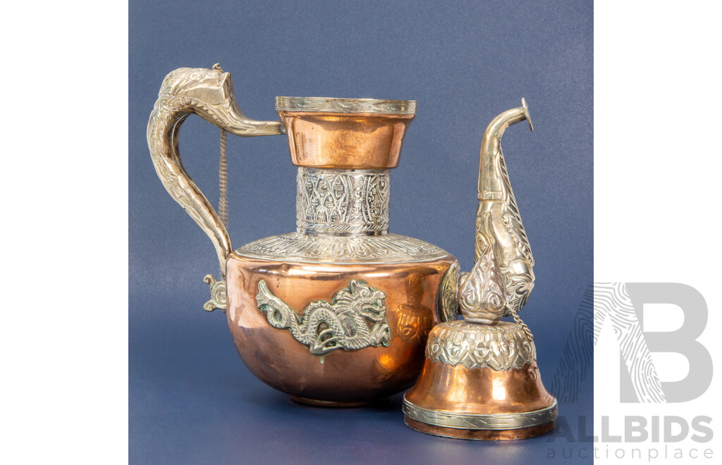 Tibetan Copper and Silvered Ceremonial Teapot/Tibetan Dragon Ewer