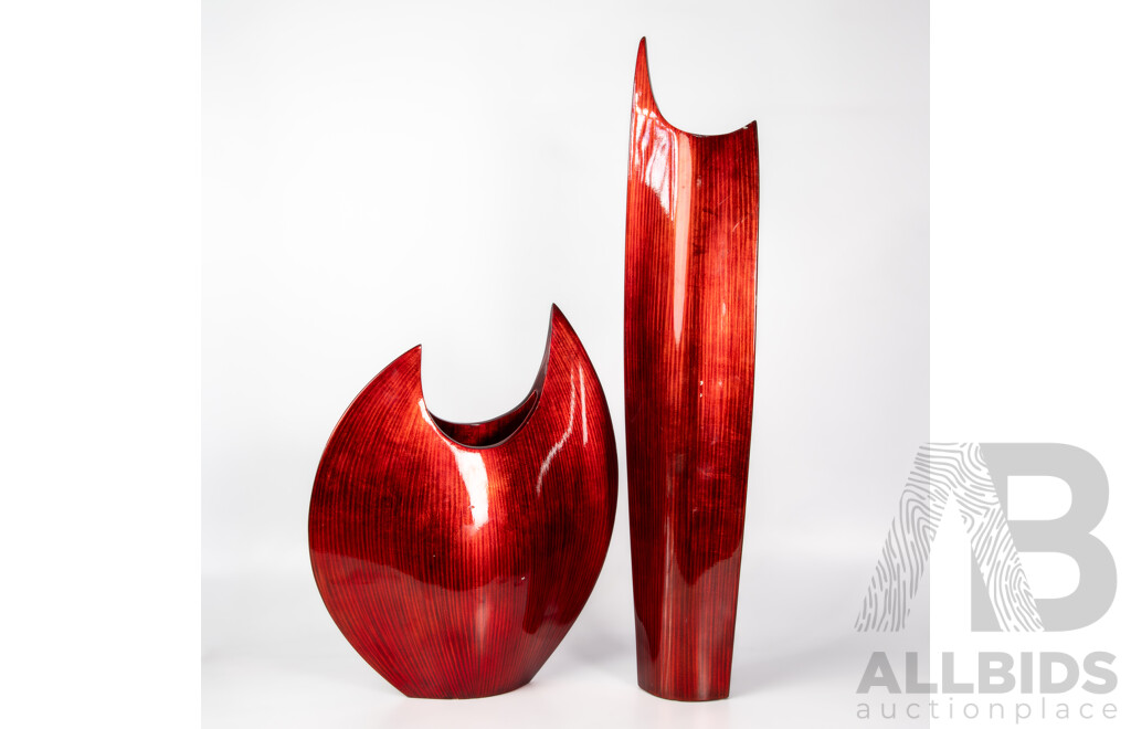 Pair of Modernist Red Lacquer Vases