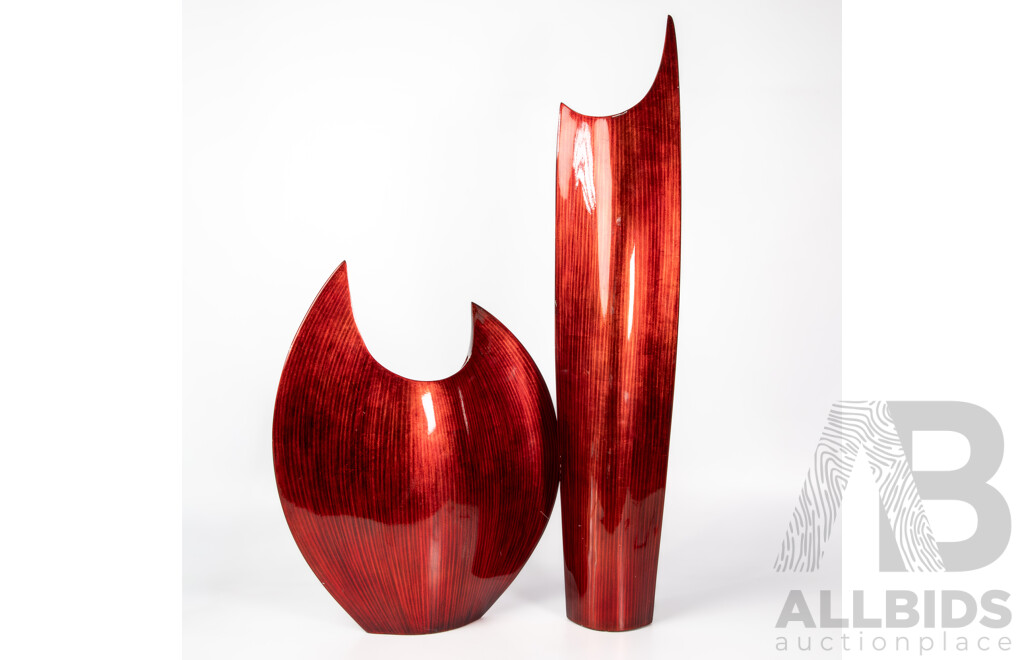 Pair of Modernist Red Lacquer Vases