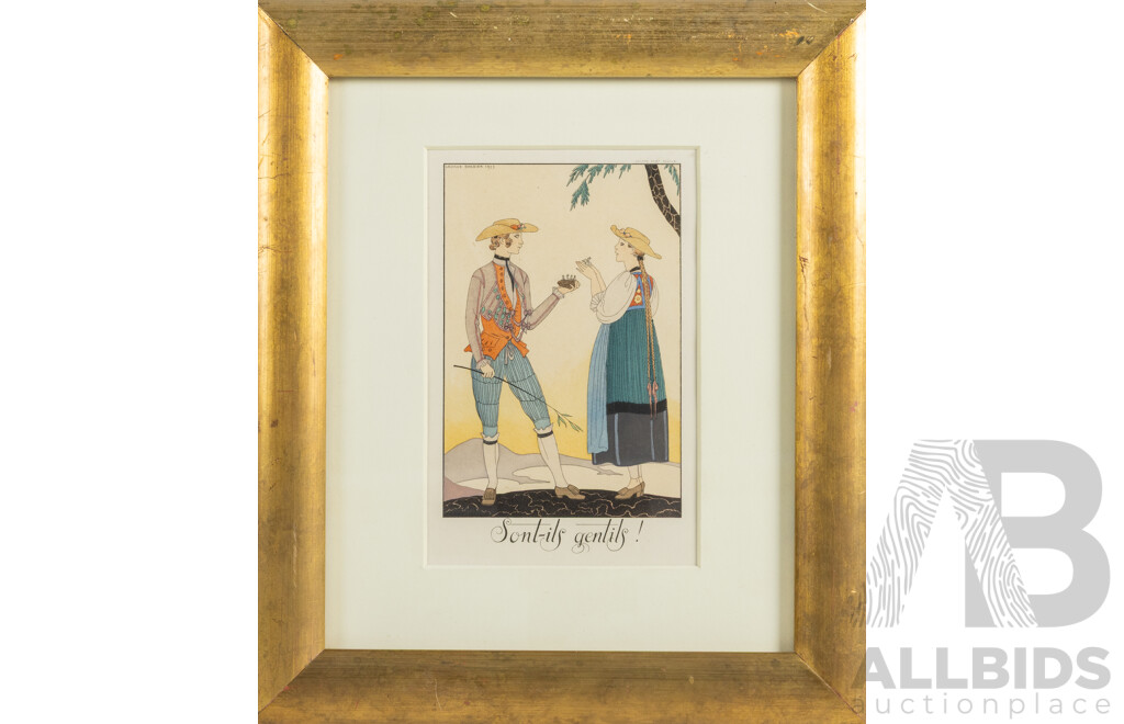 George Barbier, (19th/20th Centuries, French, 1882-1932), Sont-ils Gentils [Are They Nice?], Original Antique Pochoir, c.1923, 32 x 27 cm (frame)