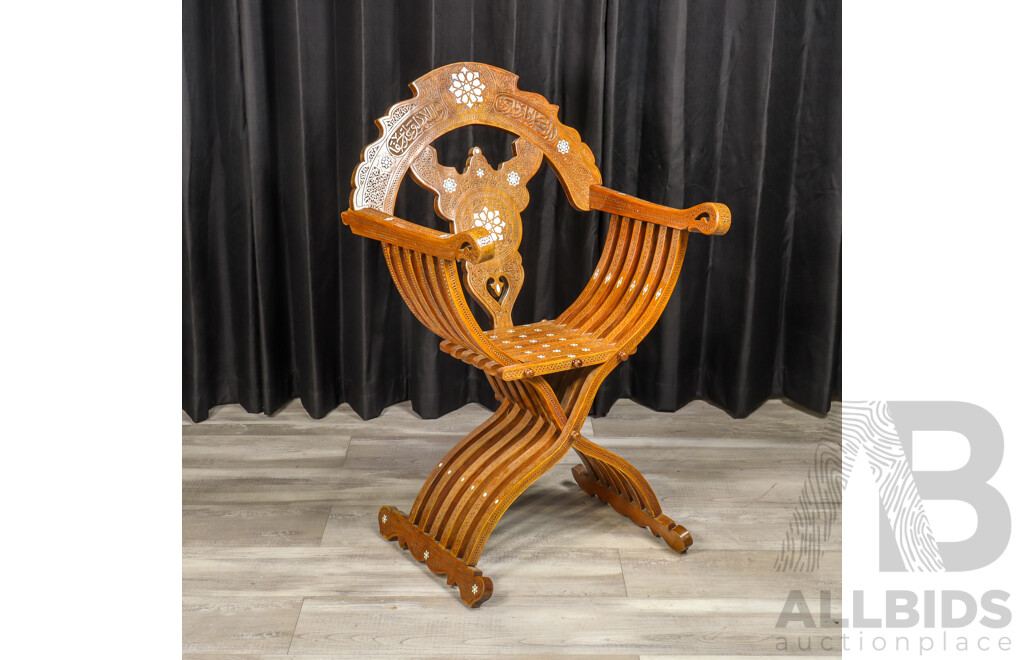 Syrian Savonarola Style Chair with Mother of Pearl Inlay