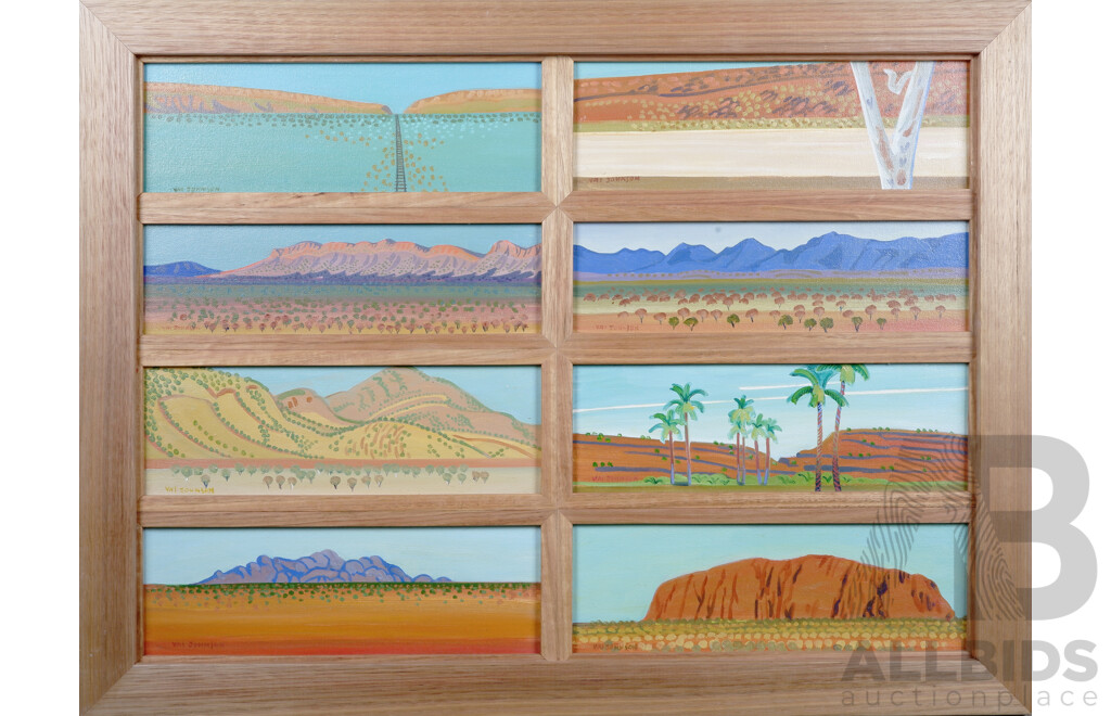 Val Johnson, (20th Century, Australian), Outback Places - The Red Centre, Oil on Canvas on Board, Each Panel 10 x 30 cm, Overall 54 x 71 cm (frame)
