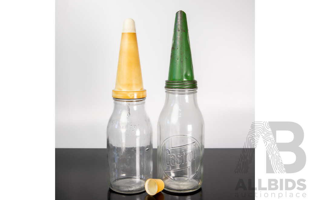 Pair of Vintage Castrol Oil Bottles with Pourers – 1 Litre & 1 Quart