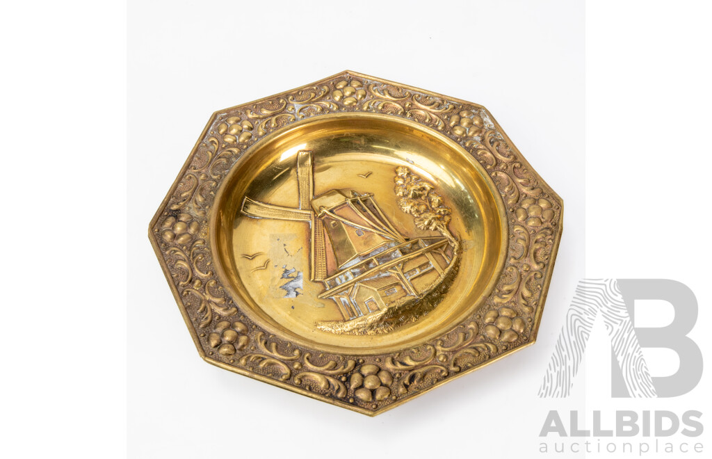 Antique 1926 Dutch Hammered Brass Tray With Windmill Design