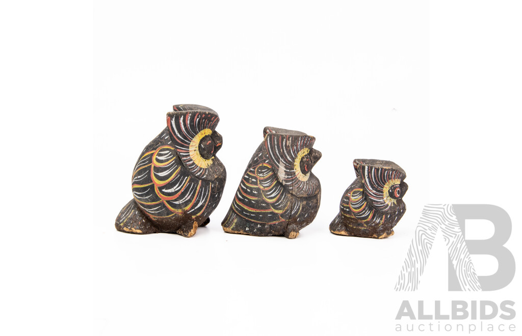 Three Antique Handmade And Hand Painted Owl Figurines