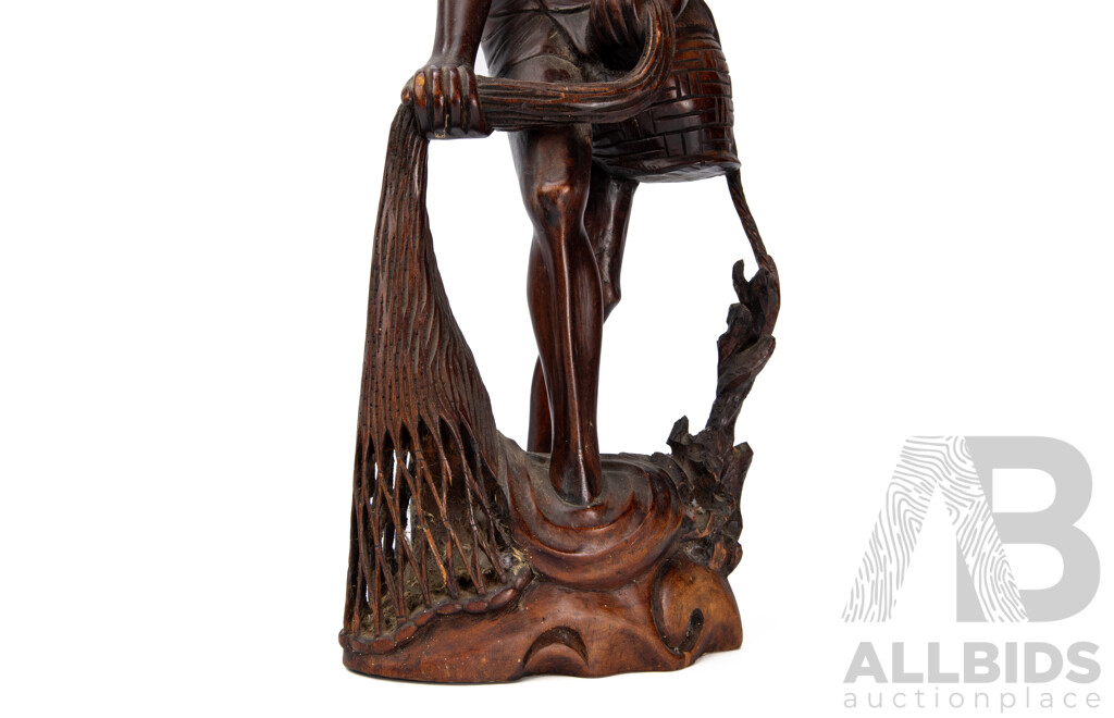 Balinese Rosewood Carving Man Fishing Artist Engraved To Base