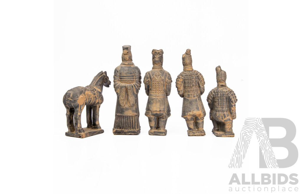 Five Terracotta Statues Including Four Men And A Horse