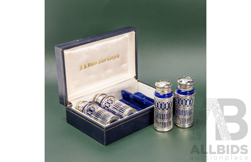 Antique Ab Rogers Silver Co Silverplate Cobalt Blue Glass Shakers With Box