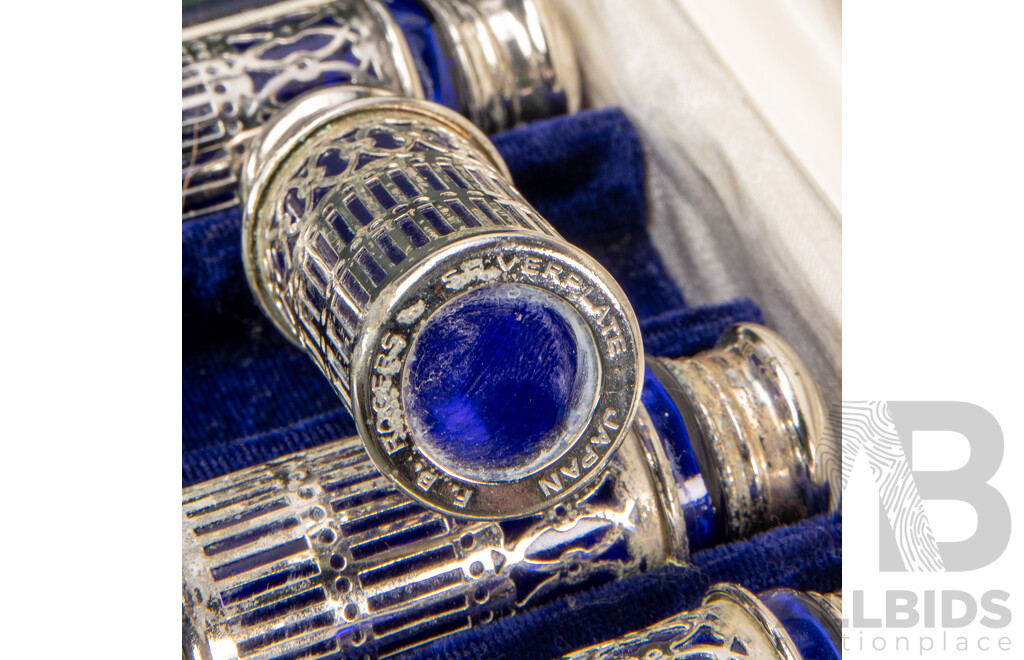 Antique Ab Rogers Silver Co Silverplate Cobalt Blue Glass Shakers With Box