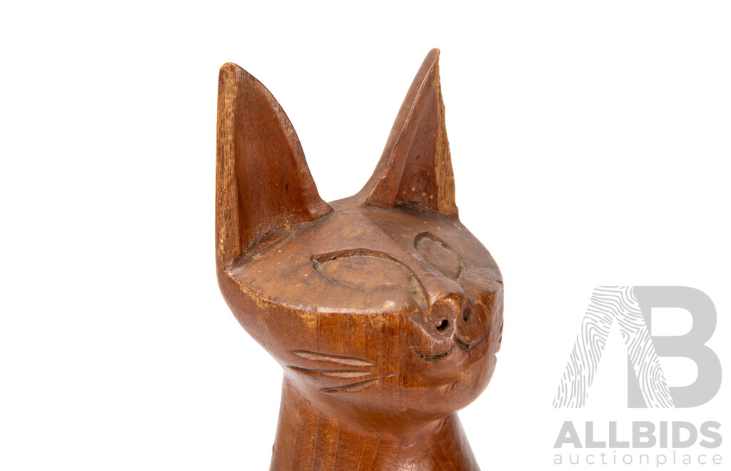 Collection Of Teak Items Pair Of 1980s Maori Tiki Carved Bookends And A Hand Carved Cat