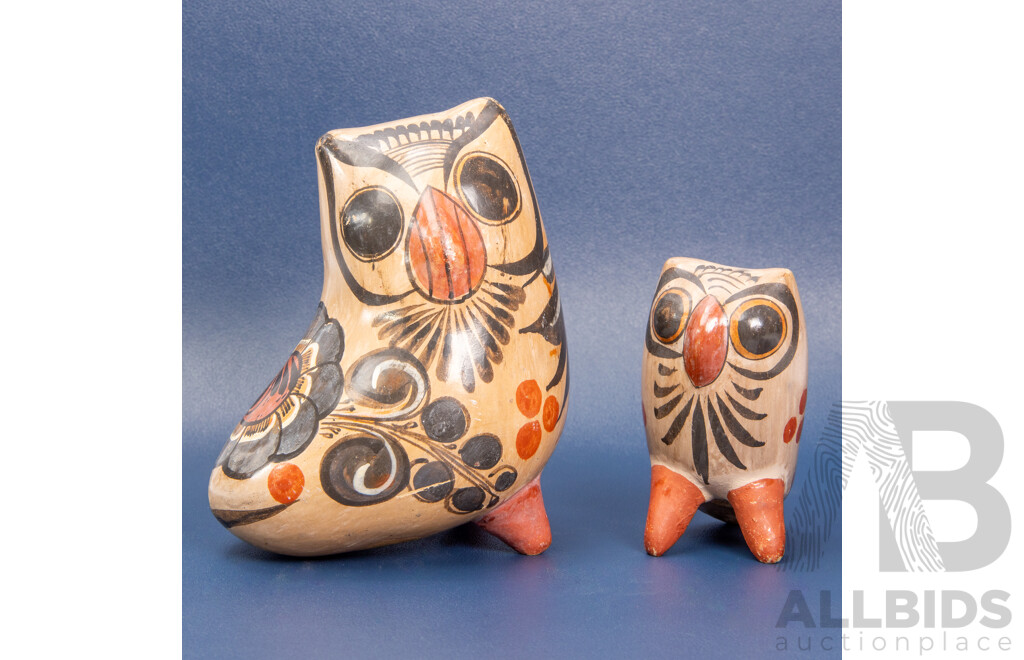 Set Of 2 Hand Painted Tonala Mexican Folk Art Pottery Owls