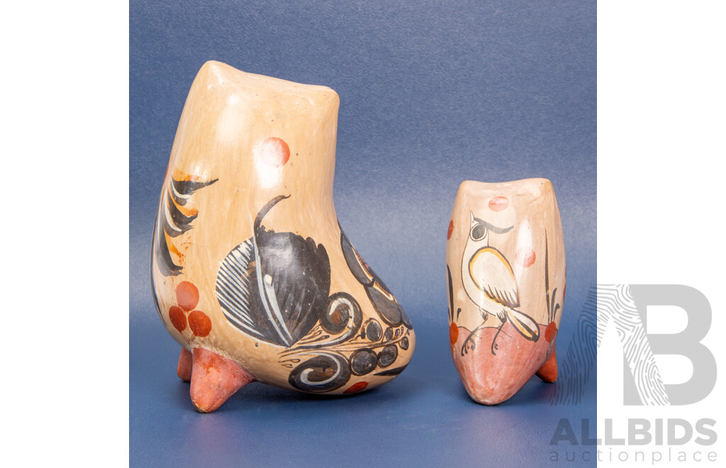 Set Of 2 Hand Painted Tonala Mexican Folk Art Pottery Owls