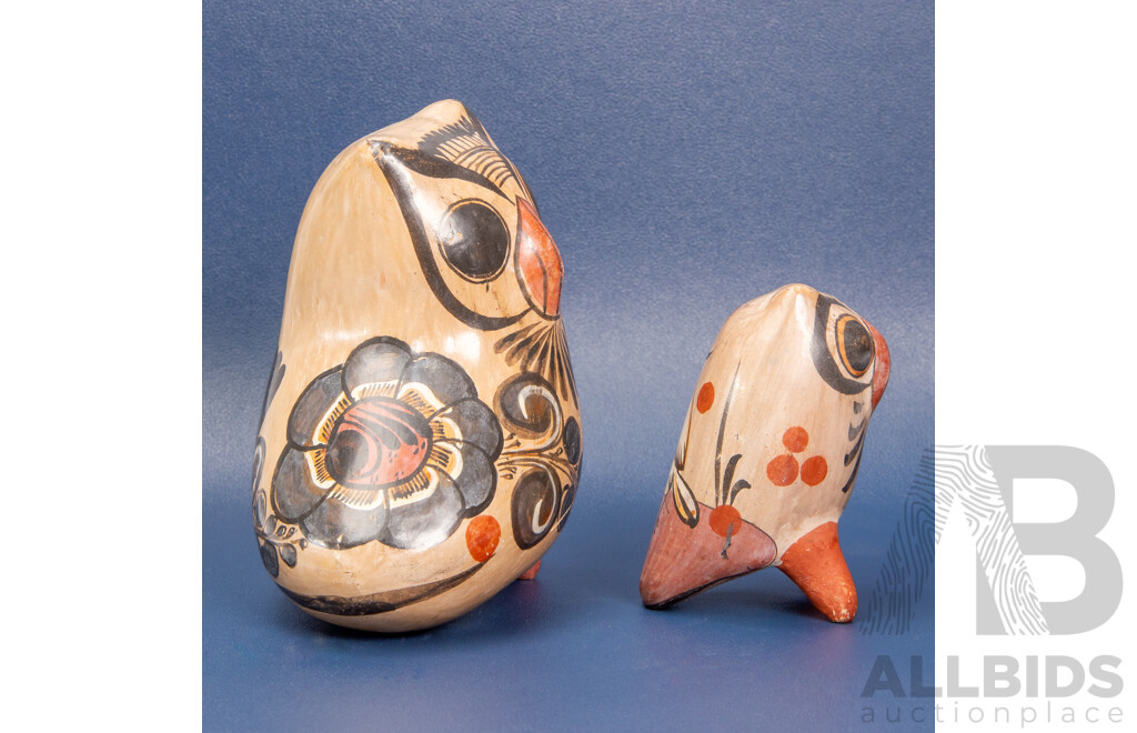 Set Of 2 Hand Painted Tonala Mexican Folk Art Pottery Owls