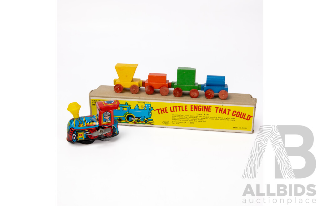 Vintage 1961 Shackman Little Engine That Could Tin Wind Up Engine With Wooden Carriages
