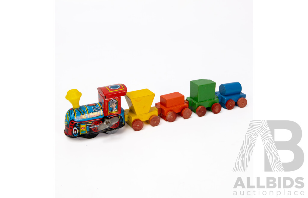 Vintage 1961 Shackman Little Engine That Could Tin Wind Up Engine With Wooden Carriages