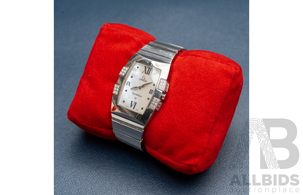 Omega Constellation Quadrella Ladies Watch Stainless Steel Diamond Bezel Mother-of-Pearl Dial C.2005 Box & Papers