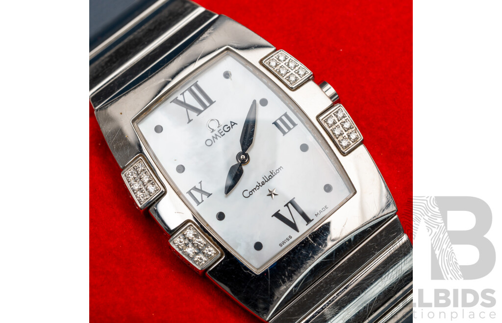 Omega Constellation Quadrella Ladies Watch Stainless Steel Diamond Bezel Mother-of-Pearl Dial C.2005 Box & Papers
