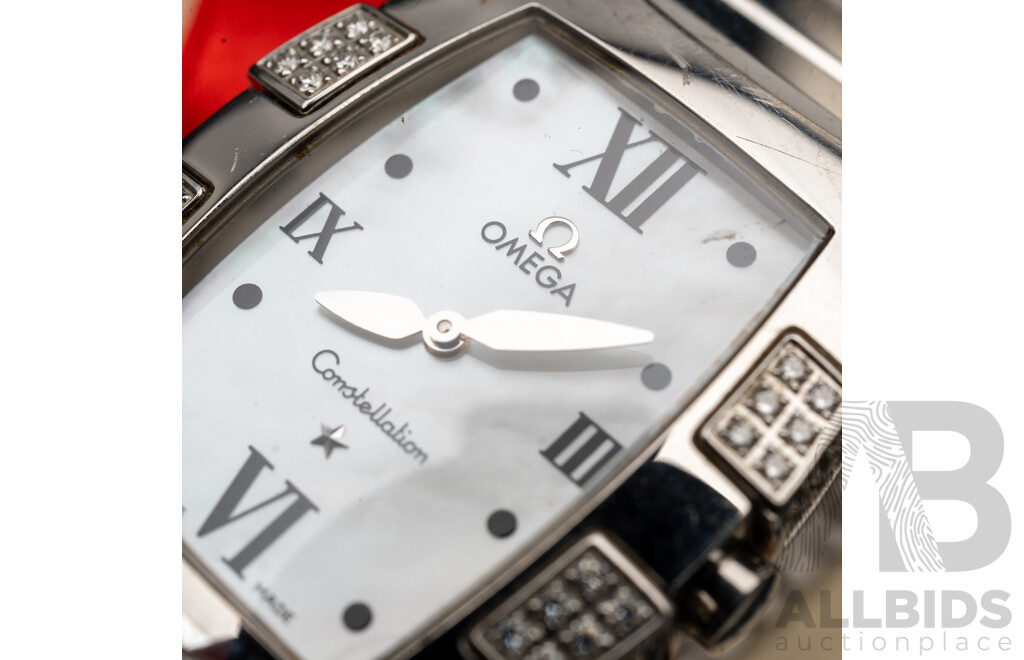 Omega Constellation Quadrella Ladies Watch Stainless Steel Diamond Bezel Mother-of-Pearl Dial C.2005 Box & Papers