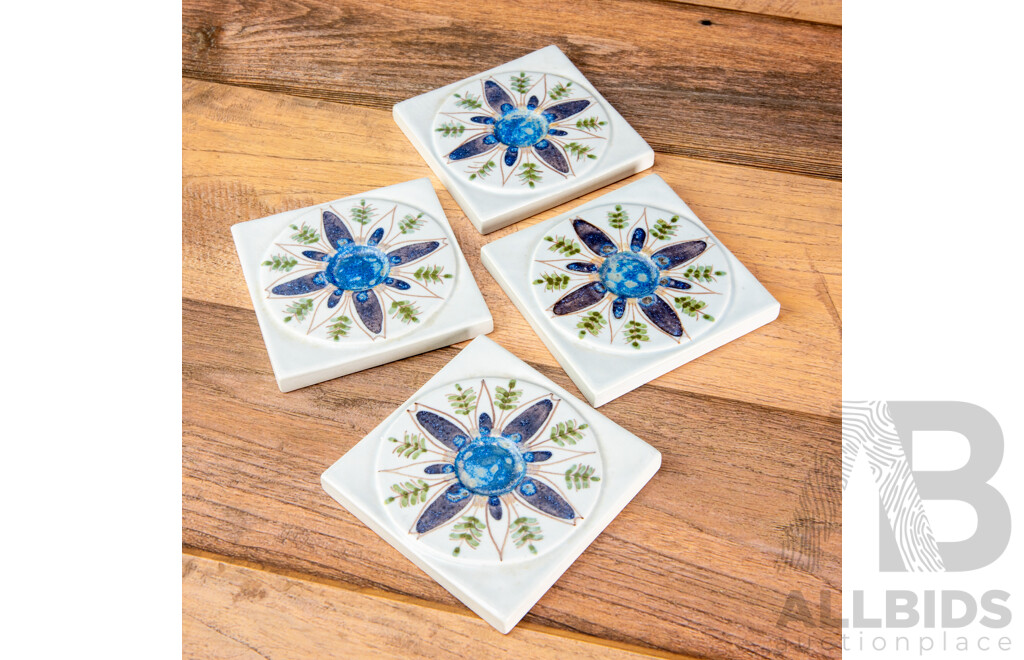 Set of Four Vintage Aluminia Faience Tiles 8 × 8 Cm Denmark