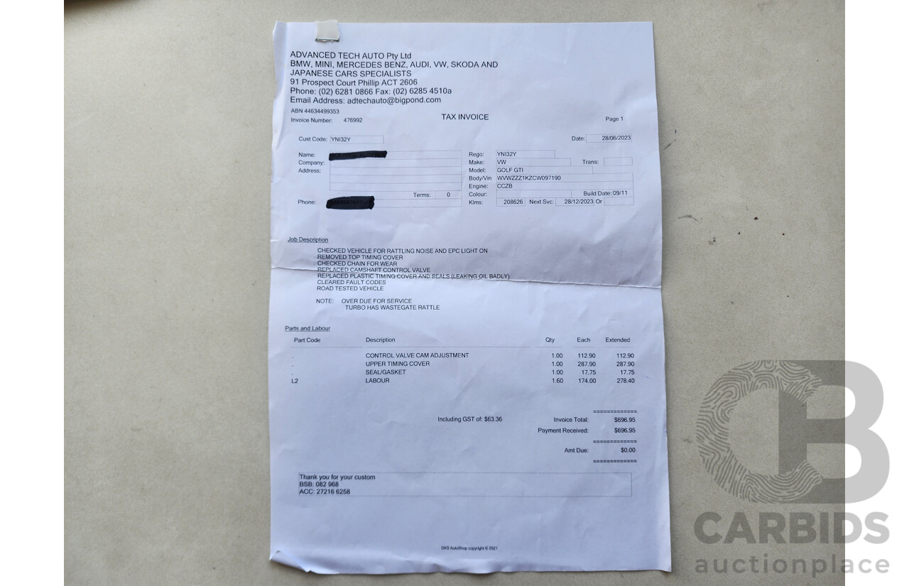 3/2012 Volkswagen Golf GTi 1K MY12 5d Hatchback White 2.0L