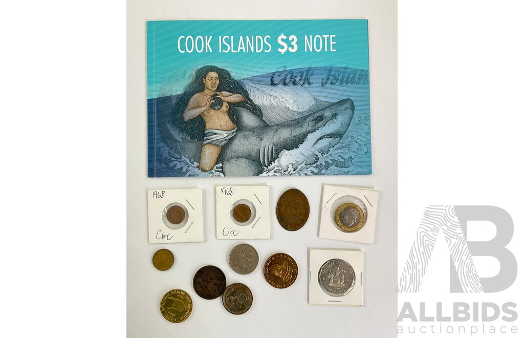 Australian Coins Including 2001 Fifty Cent Federation, Two 1968 One Cents, Ferry Token, UK 1898 One Penny Machined Hollow, Twenty Cent with Melt Mark, 1938 Flat World Fair Penny and Cook Islands Three Dollar Note