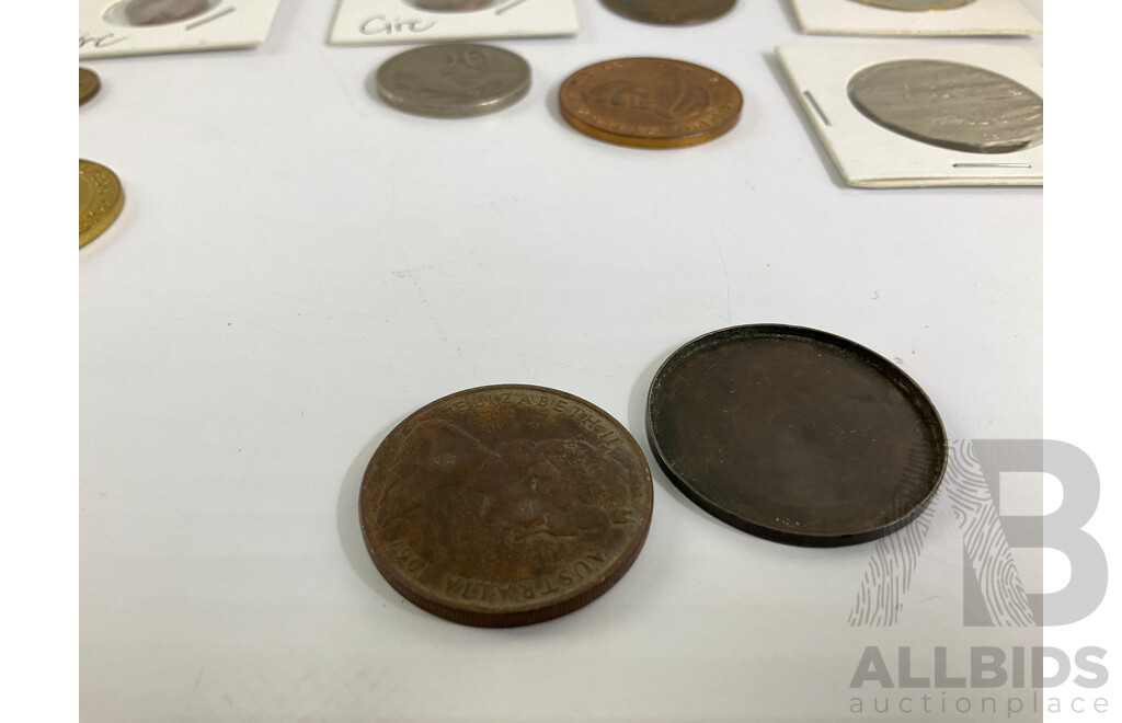 Australian Coins Including 2001 Fifty Cent Federation, Two 1968 One Cents, Ferry Token, UK 1898 One Penny Machined Hollow, Twenty Cent with Melt Mark, 1938 Flat World Fair Penny and Cook Islands Three Dollar Note