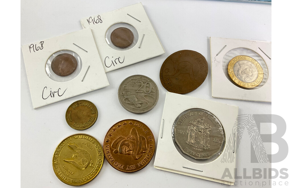Australian Coins Including 2001 Fifty Cent Federation, Two 1968 One Cents, Ferry Token, UK 1898 One Penny Machined Hollow, Twenty Cent with Melt Mark, 1938 Flat World Fair Penny and Cook Islands Three Dollar Note