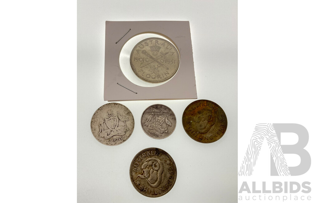 Australian Silver Predecimal Coins Including 1951 Florin, 1920, 1952, 1963 Shillings 1934 Sixpence