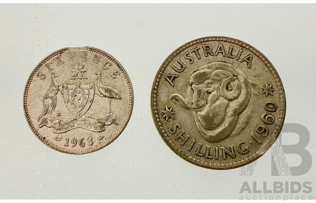 Australian Silver 1960 Shilling and 1963 Sixpence, Both with Planchet Flaws