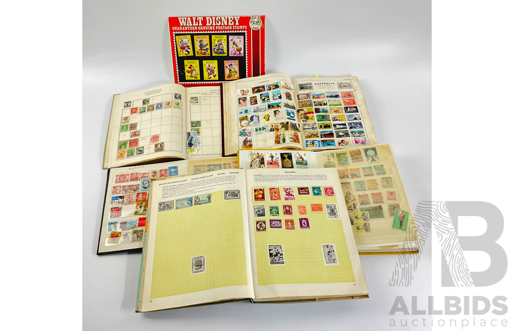 Five Vintage International Stamp Albums, Globe, Centenary Including Australian Predecimal, China, USA, India, Fiji, Belgium, Austria, Argentina, Japan, Holland, Germany, Overprints and More