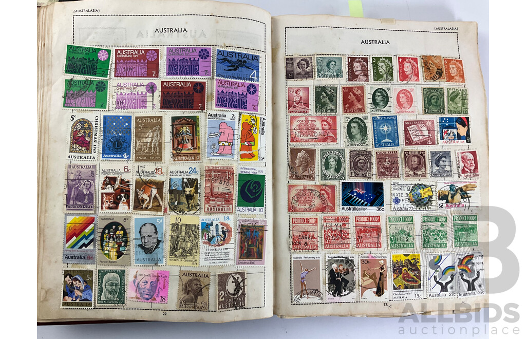 Five Vintage International Stamp Albums, Globe, Centenary Including Australian Predecimal, China, USA, India, Fiji, Belgium, Austria, Argentina, Japan, Holland, Germany, Overprints and More