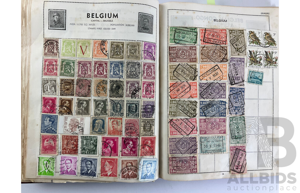 Five Vintage International Stamp Albums, Globe, Centenary Including Australian Predecimal, China, USA, India, Fiji, Belgium, Austria, Argentina, Japan, Holland, Germany, Overprints and More