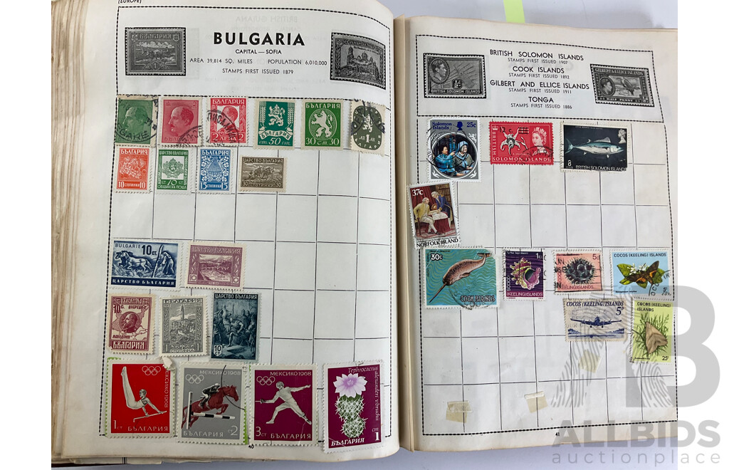 Five Vintage International Stamp Albums, Globe, Centenary Including Australian Predecimal, China, USA, India, Fiji, Belgium, Austria, Argentina, Japan, Holland, Germany, Overprints and More