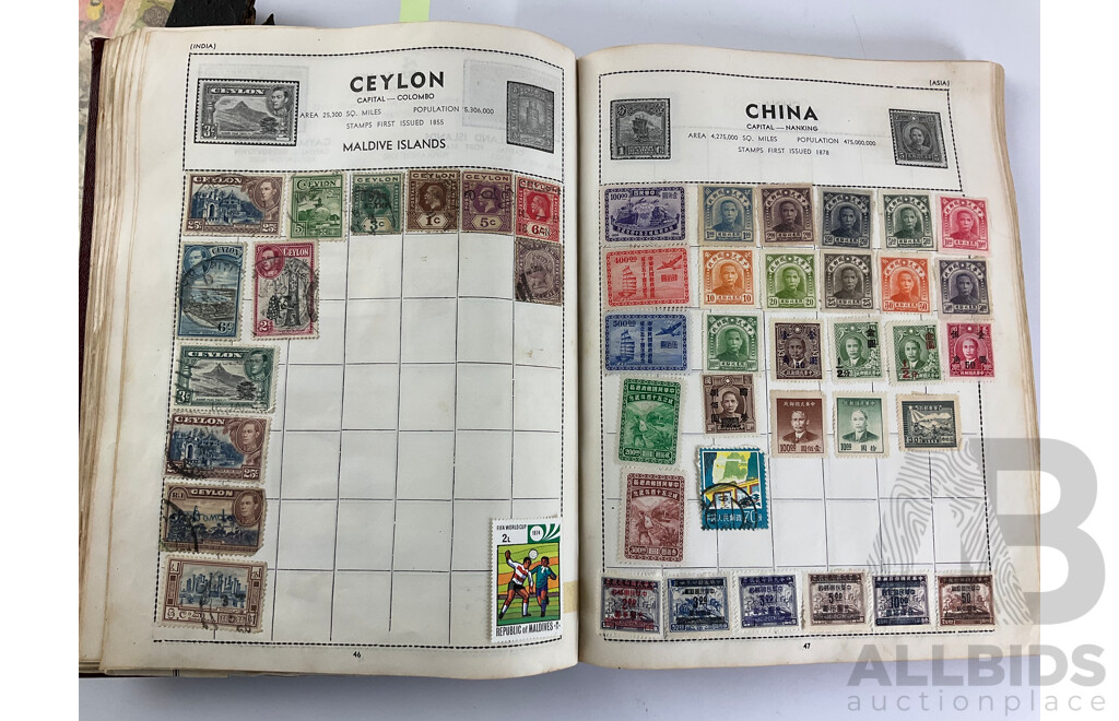 Five Vintage International Stamp Albums, Globe, Centenary Including Australian Predecimal, China, USA, India, Fiji, Belgium, Austria, Argentina, Japan, Holland, Germany, Overprints and More