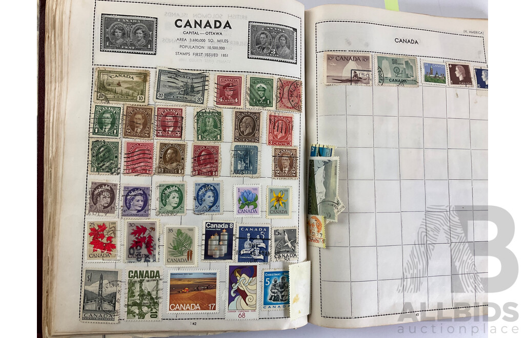 Five Vintage International Stamp Albums, Globe, Centenary Including Australian Predecimal, China, USA, India, Fiji, Belgium, Austria, Argentina, Japan, Holland, Germany, Overprints and More