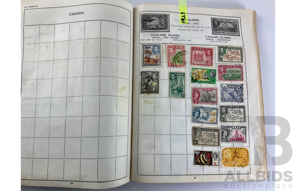 Five Vintage International Stamp Albums, Globe, Centenary Including Australian Predecimal, China, USA, India, Fiji, Belgium, Austria, Argentina, Japan, Holland, Germany, Overprints and More