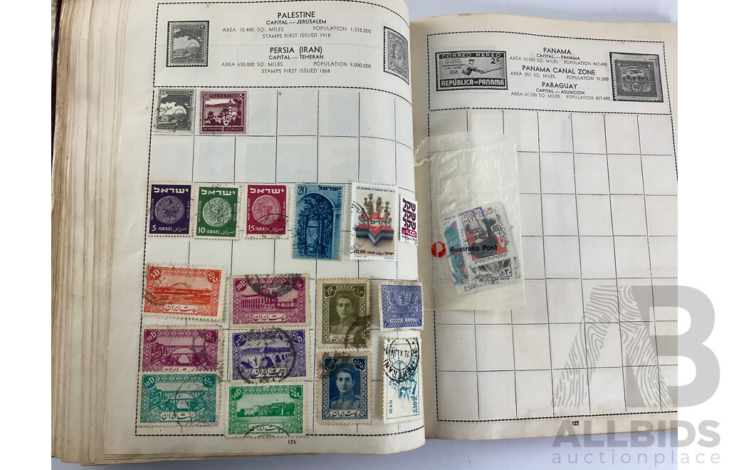 Five Vintage International Stamp Albums, Globe, Centenary Including Australian Predecimal, China, USA, India, Fiji, Belgium, Austria, Argentina, Japan, Holland, Germany, Overprints and More