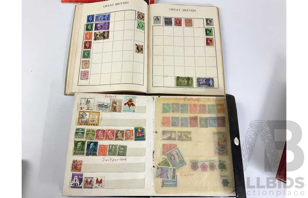 Five Vintage International Stamp Albums, Globe, Centenary Including Australian Predecimal, China, USA, India, Fiji, Belgium, Austria, Argentina, Japan, Holland, Germany, Overprints and More