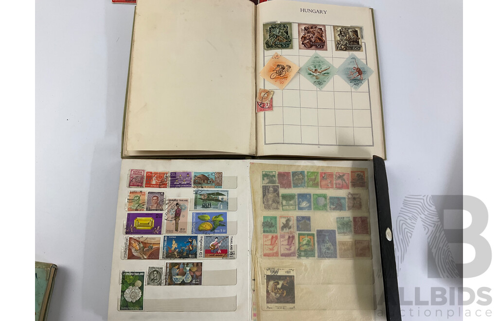 Five Vintage International Stamp Albums, Globe, Centenary Including Australian Predecimal, China, USA, India, Fiji, Belgium, Austria, Argentina, Japan, Holland, Germany, Overprints and More
