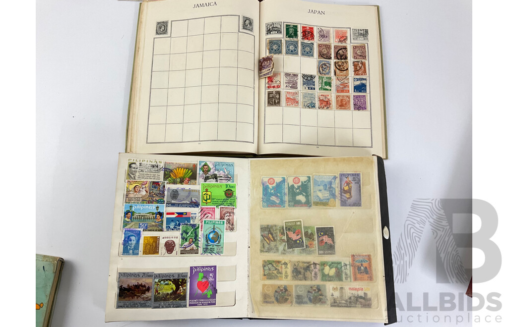 Five Vintage International Stamp Albums, Globe, Centenary Including Australian Predecimal, China, USA, India, Fiji, Belgium, Austria, Argentina, Japan, Holland, Germany, Overprints and More