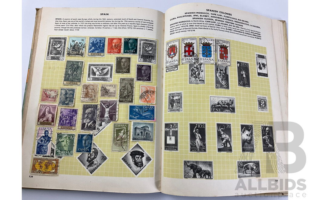 Five Vintage International Stamp Albums, Globe, Centenary Including Australian Predecimal, China, USA, India, Fiji, Belgium, Austria, Argentina, Japan, Holland, Germany, Overprints and More