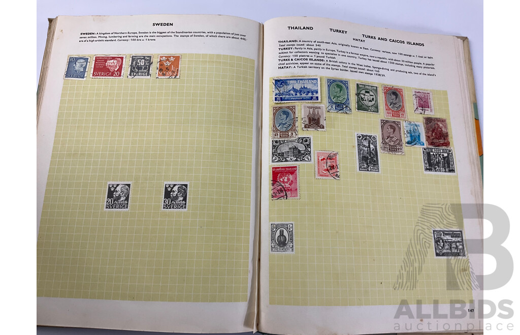 Five Vintage International Stamp Albums, Globe, Centenary Including Australian Predecimal, China, USA, India, Fiji, Belgium, Austria, Argentina, Japan, Holland, Germany, Overprints and More