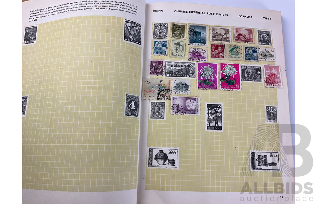Five Vintage International Stamp Albums, Globe, Centenary Including Australian Predecimal, China, USA, India, Fiji, Belgium, Austria, Argentina, Japan, Holland, Germany, Overprints and More