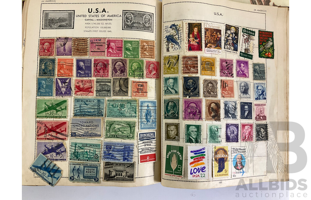 Five Vintage International Stamp Albums, Globe, Centenary Including Australian Predecimal, China, USA, India, Fiji, Belgium, Austria, Argentina, Japan, Holland, Germany, Overprints and More