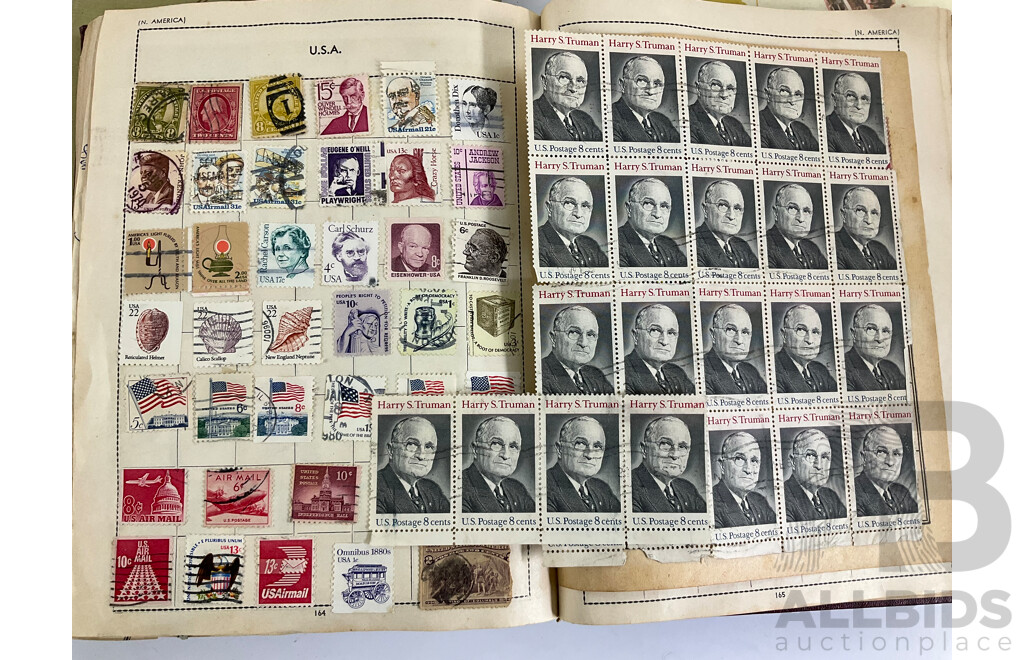 Five Vintage International Stamp Albums, Globe, Centenary Including Australian Predecimal, China, USA, India, Fiji, Belgium, Austria, Argentina, Japan, Holland, Germany, Overprints and More