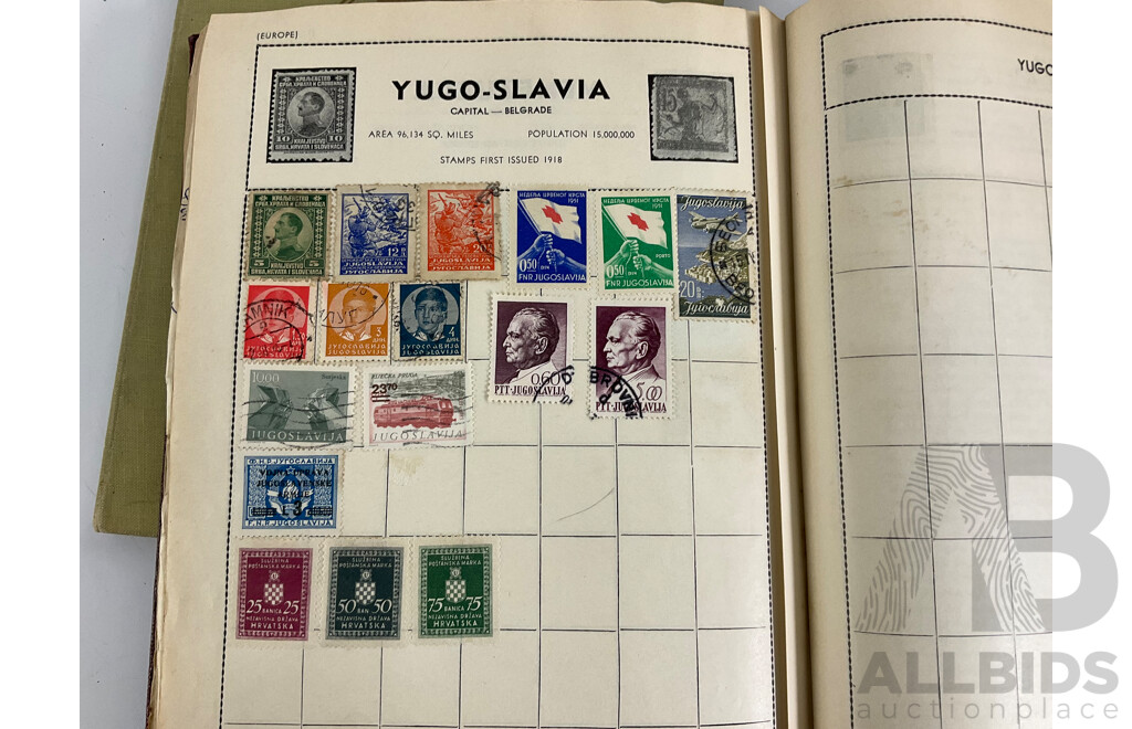 Five Vintage International Stamp Albums, Globe, Centenary Including Australian Predecimal, China, USA, India, Fiji, Belgium, Austria, Argentina, Japan, Holland, Germany, Overprints and More