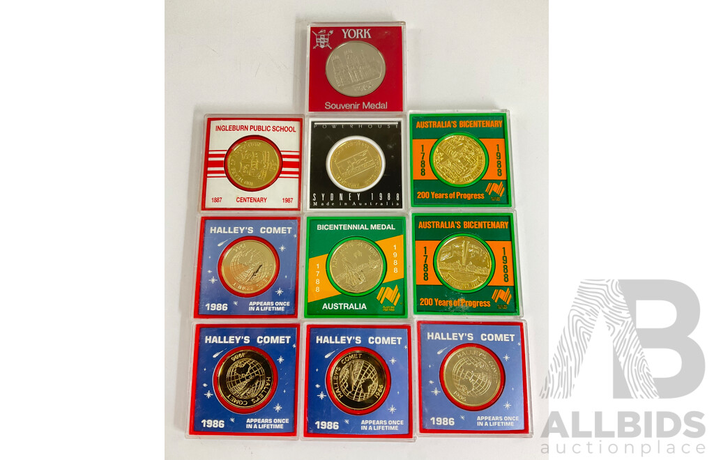 Collection of Australian Commemorative Medallions Including Halley's Comet, Bicentennial, Power House, Ingleburn Public School Centenary and York Souvenir Medal