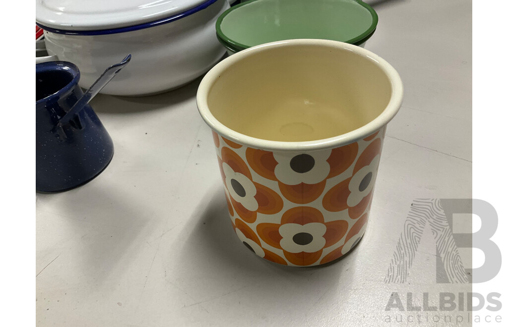 Collection of Enamel Ware Including Bowls, Cups and Saucers