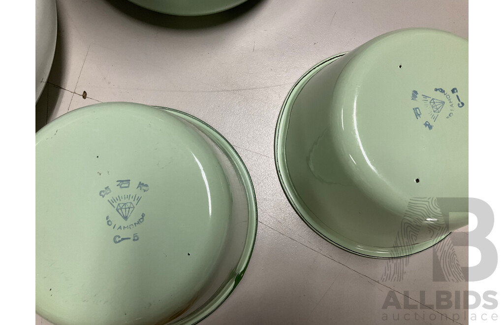 Collection of Enamel Ware Including Bowls, Cups and Saucers