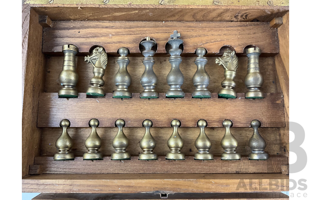 Vintage Brass and Alloy Chess Set in Oak Case